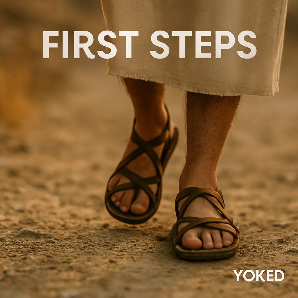 Sandaled feet walking forward on a dusty path, symbolizing the beginning of a spiritual journey.