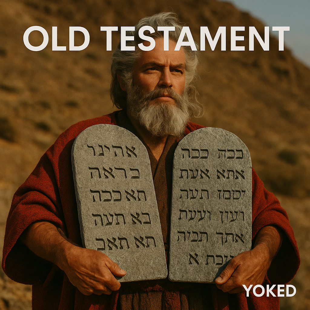 Bearded man in a robe holding two stone tablets engraved with Hebrew text, standing in a desert landscape.