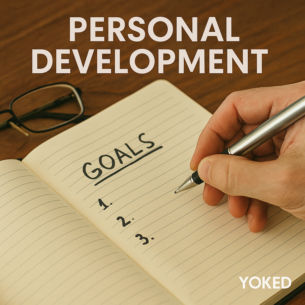 Hand writing in a notebook labeled “Goals” with a pen, next to eyeglasses on a wooden table.